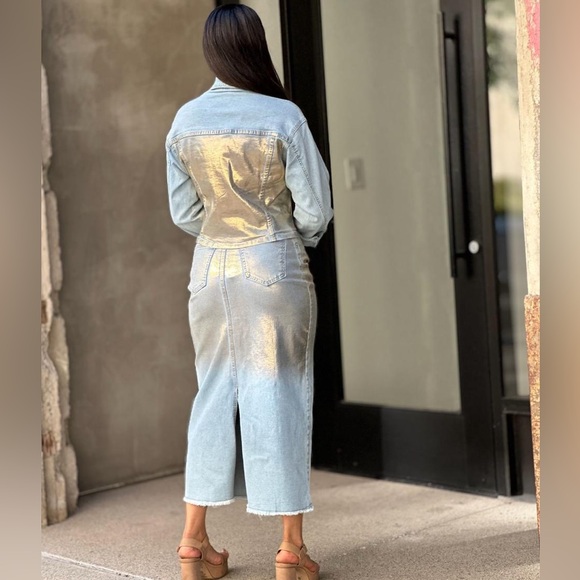 Set of Metallic Gold Denim Jeans Skirt & Jacket, Large Light Blue - Picture 7 of 16